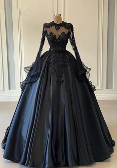 A Line Ball Gown Black Lace Prom Dresses With Long Sleeves