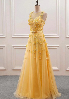 A Line Yellow Tulle Prom Dress With 3D Flowers