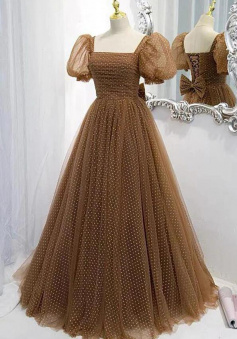 Floor Length Brown Short Puff Sleeve Prom Dress With White Dots
