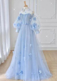 A Line Blue Round Neck Tulle Prom Dress