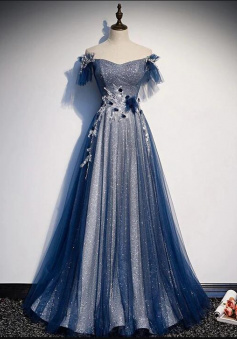 A Line Blue Tulle Lace Long Evening Dress