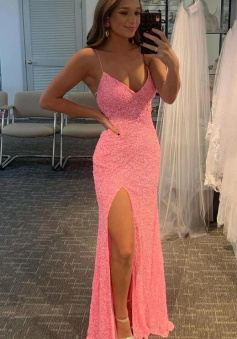 Sexy Pink Glitters Long Sequin Prom Dress