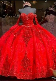 Sweetheart Ball Gown Red Organza Sweet 16 Quinceanera Dresses Sequins Applique
