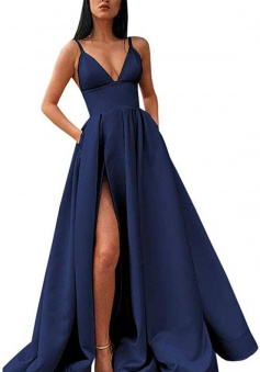 Spaghetti Strap Navy Blue V-Neck Slit Satin Long Prom Dress