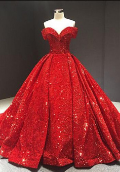 Luxurious Ball Gown Off The Shoulder Court Train Sequined Prom Desses
