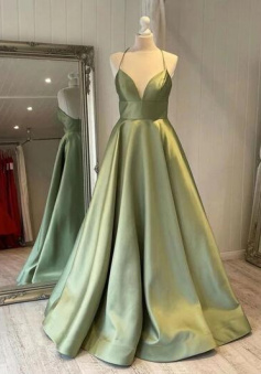 A Line Sweet  V Neck Sage Green Satin Prom Dresses with Pockets