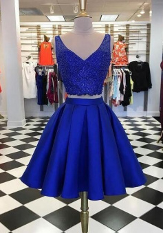 Two Pieces Royal Blue Homecoming Dress with Beading Top