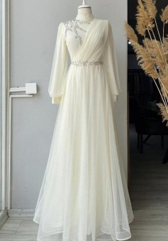 Elegant A Line High Neck Chiffon Prom Dress With Long Sleeves