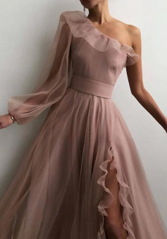 Sexy one shoulder tulle long prom dress