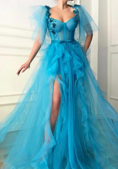 Beautiful tulle blue prom dress with split