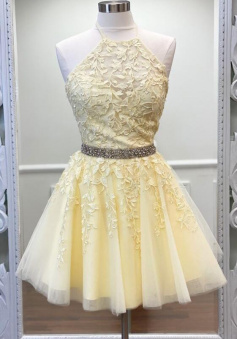Halter Lace Appliqued Short Homecoming Dress with Beading Belt