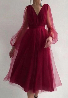 Wine Red knee length tulle prom dress
