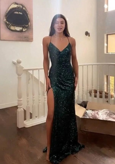 Sexy dark green sequin prom dress cheap evening dress
