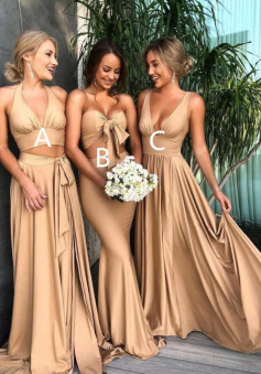 Simple V neck gold long chiffon bridesmaid dress