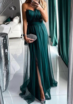 A LIne One Shoulder Green Chiffon Prom Dresses