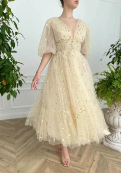A Line V Neck Chiffon Tea Length Prom Dress