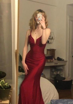 Mermaid Spaghetti Straps Wine Red Long Chiffon Prom Dress