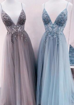 A Line Tulle Long Prom Dress With beading
