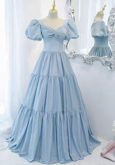 A Line Blue long stain prom dress evening gown