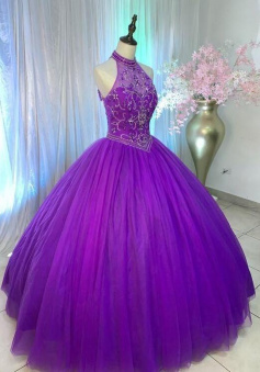 Ball Gown Halter Purple Tulle Prom Dress