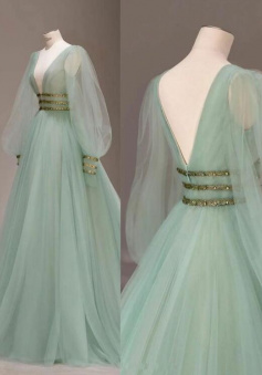 Simple Green v neck tulle sequin long prom evening dress