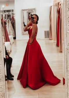 Simple red satin prom dress backless evening Dresses