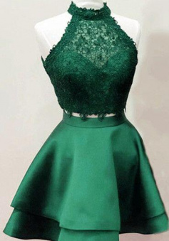 Two Piece Emerald Green Short Homecoming Dresses