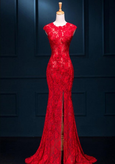 Sexy Red Lace Split Mermaid Prom Dresses