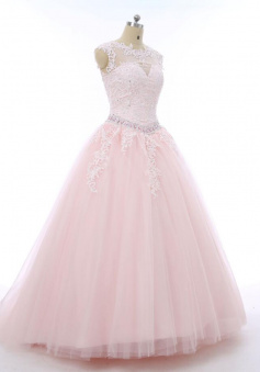 Floor Length Pink Tulle Ball Gown Prom Dresses