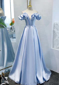 Off the Shoulder Blue Satin Long Formal Graduation Dresses