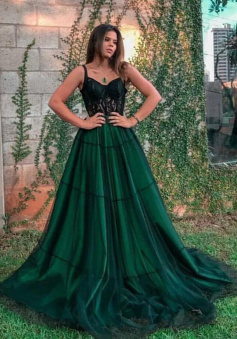 Spaghetti Straps Green Tulle Long Prom Dresses with Lace Appliques
