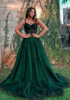 Spaghetti Straps Green Tulle Long Prom Dresses with Lace Appliques