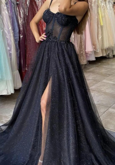 Shiny Black Split Tulle Prom Dresses