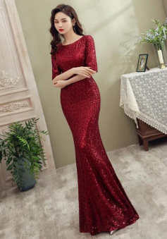 Simple Wine Red Sequins Long Evening Dress