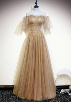 Off Shoulder Light Champagne Shiny Tulle A-Line New Prom Dresses