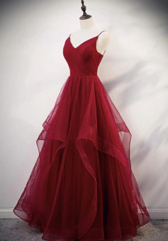 Beautiful Wine Red Straps Long Tulle Prom Dresses