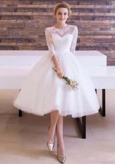 Simple A Line long-sleeve tea length wedding dress