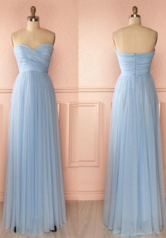 Simple sweetheart neck blue chiffon bridesmaid dress
