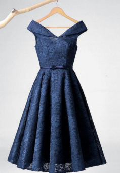 Off The Shoulder Navy Blue Lace Homecoming Dress