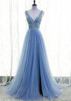 A Line Light Blue Tulle V Back Long Party Dress With Beaded