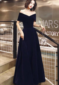 Off Shoulder Navy Blue Velvet Floor Length Evening Dresses
