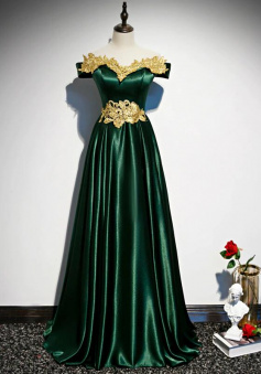 Off Shoulder Green Satin Evening Dress With Gold Lace