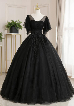 A Line Ball Gown Black Evening Gown With Lace