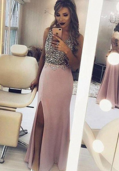 A Line Split Side Sexy Prom Dresses With Sparkly Beaded