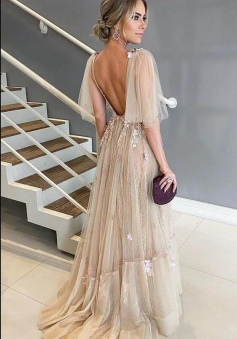 A Line Open Back Long Prom Dresses Formal Dress