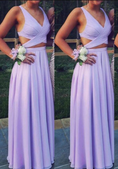 A Line Long Lavender 2 Pieces Prom Dress