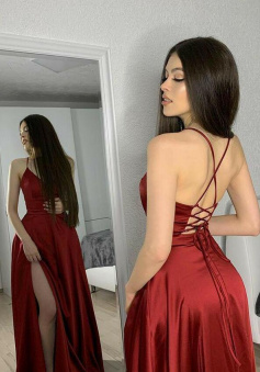 Sexy Burgundy V-Neck Split Prom Dresses with Pockets