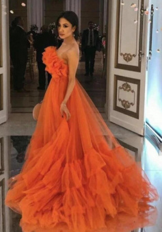 Strapless Orange Ruffles Tulle Evening Dresses