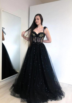 A line Black tulle long prom evening dress