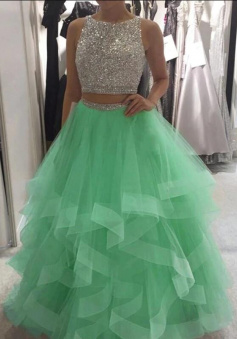 A Line Floor Length Two pieces Long Prom Dresses